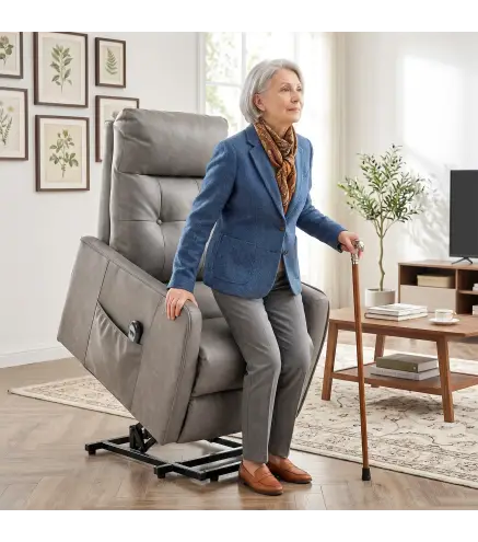 Sillón Relax Reclinable Eléctrico Levanta Personas de Cuero PU Control Remoto Asiento con Resorte Reposapiés Gris