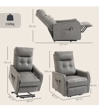 Sillón Relax Reclinable Eléctrico Levanta Personas de Cuero PU Control Remoto Asiento con Resorte Reposapiés Gris
