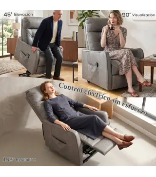 Sillón Relax Reclinable Eléctrico Levanta Personas de Cuero PU Control Remoto Asiento con Resorte Reposapiés Gris