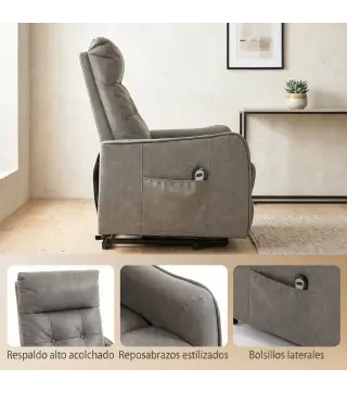 Sillón Relax Reclinable Eléctrico Levanta Personas de Cuero PU Control Remoto Asiento con Resorte Reposapiés Gris