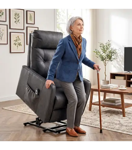 Sillón Relax Reclinable Eléctrico Levanta Personas de Cuero PU Control Remoto Asiento con Resorte Reposapiés Gris