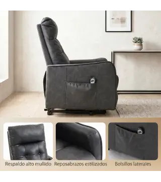 Sillón Relax Reclinable Eléctrico Levanta Personas de Cuero PU Control Remoto Asiento con Resorte Reposapiés Gris