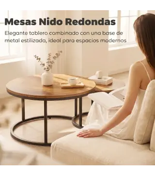 Set de 2 Mesas de Centro Redondas Mesas Nido Industriales con Estructura Metálica para Salón o Dormitorio Marrón
