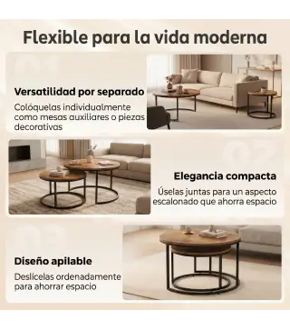 Set de 2 Mesas de Centro Redondas Mesas Nido Industriales con Estructura Metálica para Salón o Dormitorio Marrón