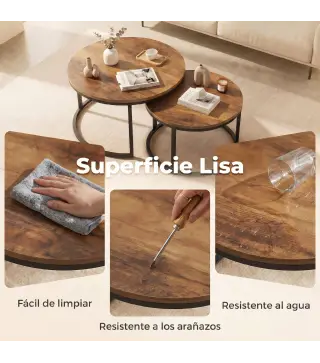 Set de 2 Mesas de Centro Redondas Mesas Nido Industriales con Estructura Metálica para Salón o Dormitorio Marrón