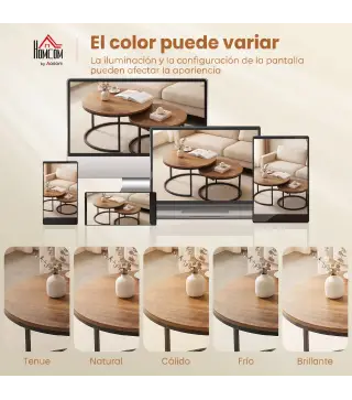 Set de 2 Mesas de Centro Redondas Mesas Nido Industriales con Estructura Metálica para Salón o Dormitorio Marrón