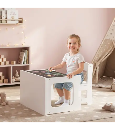 Mesa Infantil con Silla Tablero Reversible Mesa y Silla Infantil con Pizarra para Dibujo para Niños 3-6 Años Blanco