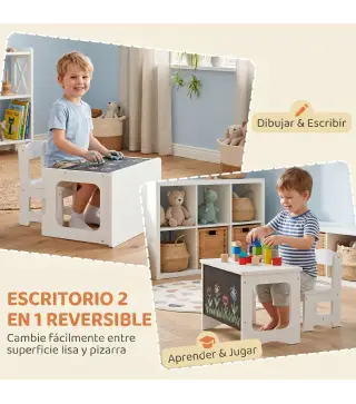 Mesa Infantil con Silla Tablero Reversible Mesa y Silla Infantil con Pizarra para Dibujo para Niños 3-6 Años Blanco