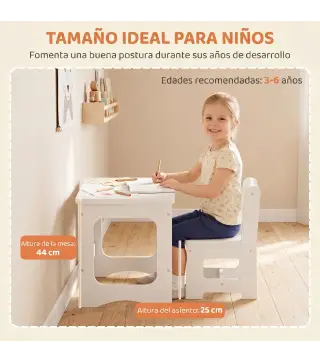 Mesa Infantil con Silla Tablero Reversible Mesa y Silla Infantil con Pizarra para Dibujo para Niños 3-6 Años Blanco