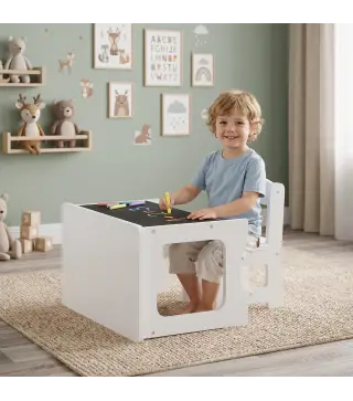 Mesa Infantil con Silla Tablero Reversible Mesa y Silla Infantil con Pizarra para Dibujo para Niños 3-6 Años Blanco