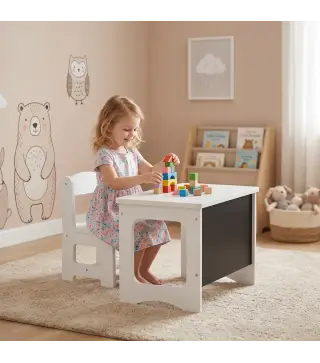 Mesa Infantil con Silla Tablero Reversible Mesa y Silla Infantil con Pizarra para Dibujo para Niños 3-6 Años Blanco