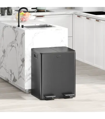 Papelera de Cocina de Acero Inoxidable con 2 Compartimentos 2x20L Pedal Tapas de Cierre Suave y Cubo Extraíble Negro