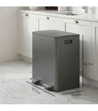 Papelera de Cocina de Acero Inoxidable con 2 Compartimentos 2x20L Pedal Tapas de Cierre Suave y Cubo Extraíble Negro