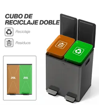 Papelera de Cocina de Acero Inoxidable con 2 Compartimentos 2x20L Pedal Tapas de Cierre Suave y Cubo Extraíble Negro