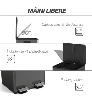 Papelera de Cocina de Acero Inoxidable con 2 Compartimentos 2x20L Pedal Tapas de Cierre Suave y Cubo Extraíble Negro