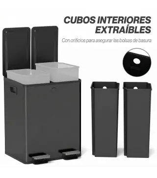 Papelera de Cocina de Acero Inoxidable con 2 Compartimentos 2x20L Pedal Tapas de Cierre Suave y Cubo Extraíble Negro