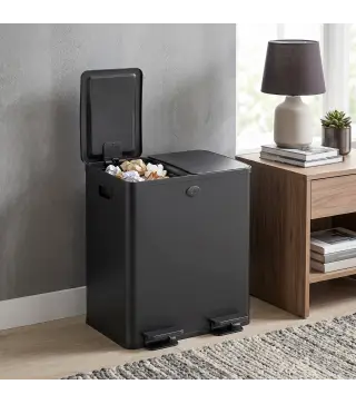 Papelera de Cocina de Acero Inoxidable con 2 Compartimentos 2x20L Pedal Tapas de Cierre Suave y Cubo Extraíble Negro