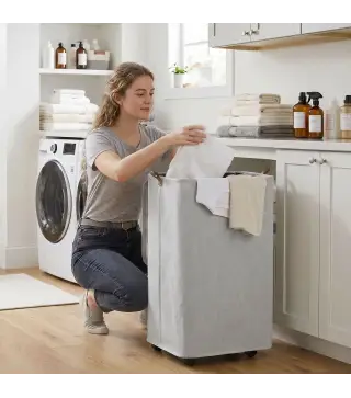 Cesto de Ropa Sucia con Tapa y Ruedas 50L Cesta de Ropa Sucia Plegable con Bolsa con Cordón Extraíble 40x30x65 cm Gris