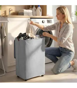 Cesto de Ropa Sucia con Tapa y Ruedas 50L Cesta de Ropa Sucia Plegable con Bolsa con Cordón Extraíble 40x30x65 cm Gris