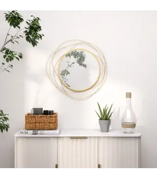 Espejo Decorativo de Pared Adorno de Pared Metálico Ø65 cm con Ganchos para Salón Dormitorio Pasillo Dorado