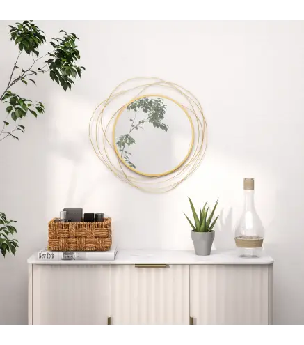 Espejo Decorativo de Pared Adorno de Pared Metálico Ø65 cm con Ganchos para Salón Dormitorio Pasillo Dorado