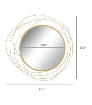 Espejo Decorativo de Pared Adorno de Pared Metálico Ø65 cm con Ganchos para Salón Dormitorio Pasillo Dorado