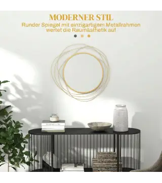 Espejo Decorativo de Pared Adorno de Pared Metálico Ø65 cm con Ganchos para Salón Dormitorio Pasillo Dorado