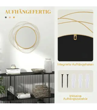 Espejo Decorativo de Pared Adorno de Pared Metálico Ø65 cm con Ganchos para Salón Dormitorio Pasillo Dorado