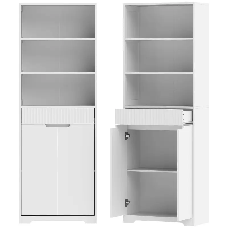 Armario Alto de Baño Columna de Baño Estrecha con 3 Estantes Abiertos Cajón Acanalado Estante Ajustable Blanco Armario Alto de Baño Columna de Baño Estrecha con 3 Estantes Abiertos Cajón Acanalado Estante Ajustable Blanco