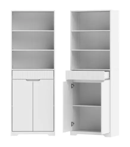 Armario Alto de Baño Columna de Baño Estrecha con 3 Estantes Abiertos Cajón Acanalado Estante Ajustable Blanco