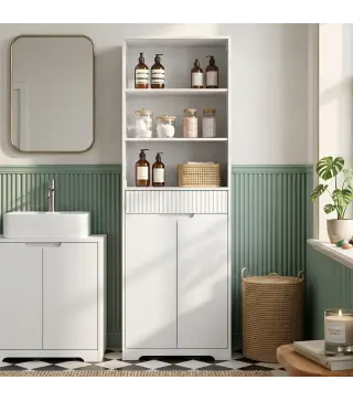 Armario Alto de Baño Columna de Baño Estrecha con 3 Estantes Abiertos Cajón Acanalado Estante Ajustable Blanco