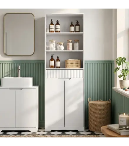 Armario Alto de Baño Columna de Baño Estrecha con 3 Estantes Abiertos Cajón Acanalado Estante Ajustable Blanco
