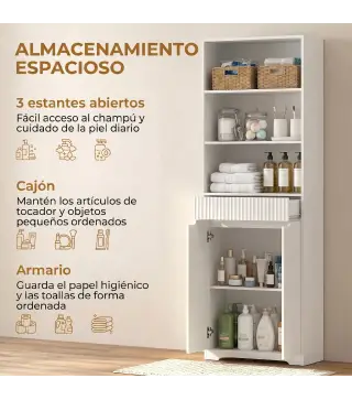 Armario Alto de Baño Columna de Baño Estrecha con 3 Estantes Abiertos Cajón Acanalado Estante Ajustable Blanco