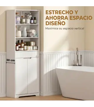 Armario Alto de Baño Columna de Baño Estrecha con 3 Estantes Abiertos Cajón Acanalado Estante Ajustable Blanco