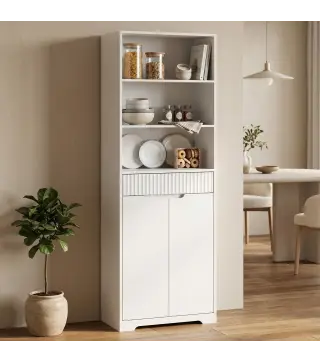 Armario Alto de Baño Columna de Baño Estrecha con 3 Estantes Abiertos Cajón Acanalado Estante Ajustable Blanco