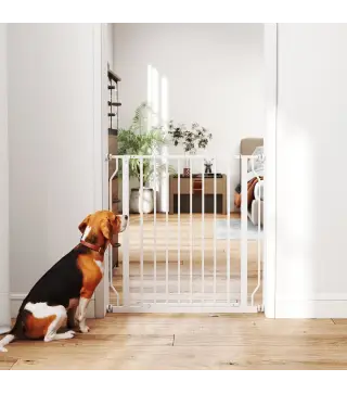 Barrera de Seguridad para Perros 75-85 cm para Puertas y Escaleras Apertura en Dos Sentidos Doble Bloqueo Blanco