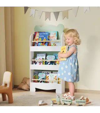 Estantería Infantil 3 Niveles Diseño de Osito Bordes Redondeados y Barreras de Seguridad para Libros y Juguetes Verde