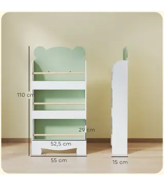 Estantería Infantil 3 Niveles Diseño de Osito Bordes Redondeados y Barreras de Seguridad para Libros y Juguetes Verde