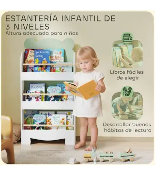 Estantería Infantil 3 Niveles Diseño de Osito Bordes Redondeados y Barreras de Seguridad para Libros y Juguetes Verde