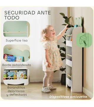 Estantería Infantil 3 Niveles Diseño de Osito Bordes Redondeados y Barreras de Seguridad para Libros y Juguetes Verde