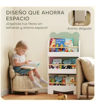 Estantería Infantil 3 Niveles Diseño de Osito Bordes Redondeados y Barreras de Seguridad para Libros y Juguetes Verde