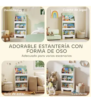 Estantería Infantil 3 Niveles Diseño de Osito Bordes Redondeados y Barreras de Seguridad para Libros y Juguetes Verde