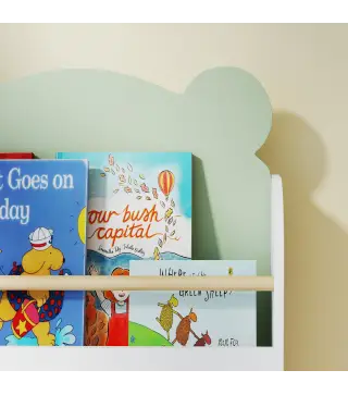Estantería Infantil 3 Niveles Diseño de Osito Bordes Redondeados y Barreras de Seguridad para Libros y Juguetes Verde