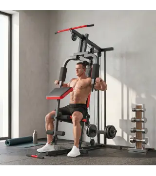 Máquina de Musculación con Polea Alta y Baja Prensa de Pecho y Piernas Compatible con Discos 25 y 50 mm (No Incluidos)