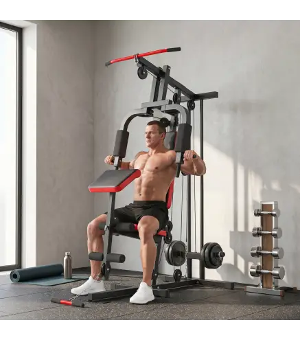 Máquina de Musculación con Polea Alta y Baja Prensa de Pecho y Piernas Compatible con Discos 25 y 50 mm (No Incluidos)