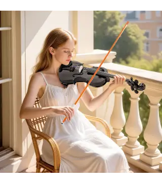 Violín 4/4 de Tamaño Completo de Madera con Estuche Arco Colofonia Afinadores Cuerdas y Soporte para Hombro Negro