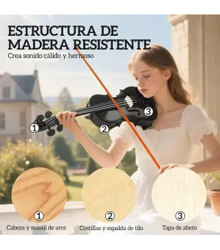 Violín 4/4 de Tamaño Completo de Madera con Estuche Arco Colofonia Afinadores Cuerdas y Soporte para Hombro Negro