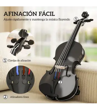 Violín 4/4 de Tamaño Completo de Madera con Estuche Arco Colofonia Afinadores Cuerdas y Soporte para Hombro Negro