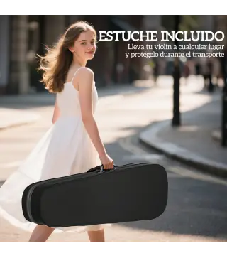 Violín 4/4 de Tamaño Completo de Madera con Estuche Arco Colofonia Afinadores Cuerdas y Soporte para Hombro Negro