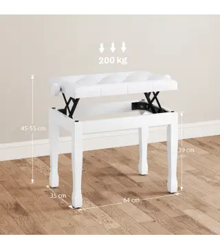 Banco de Piano Altura Ajustable Banqueta de Piano Asiento de Cuero Sintético Patas de Madera 64x35x55 cm Blanco